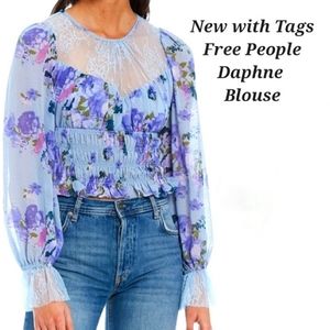 NEW Free People Daphne Blouse Silver Blue Combo Blue Purple Floral Crop Top L